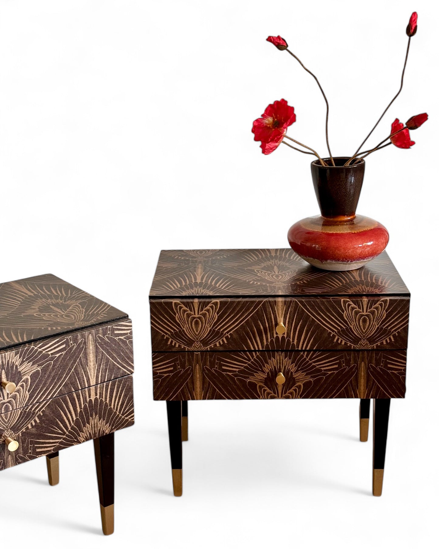 Vintage bedside tables covered with Art Deco print in gold with brown | The Vintage Vibe