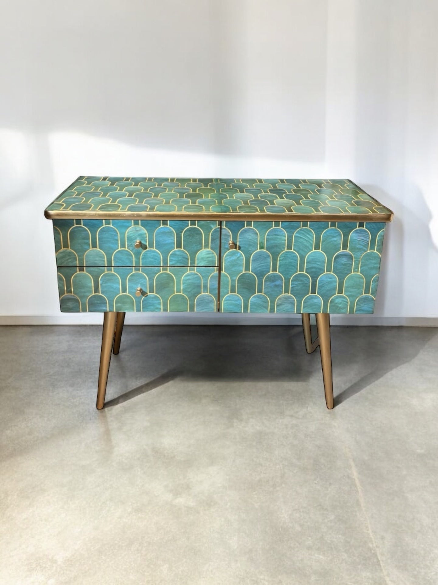 Vintage sideboard upholstered in Nizwa Jade by Bethan Gray | The Vintage Vibe