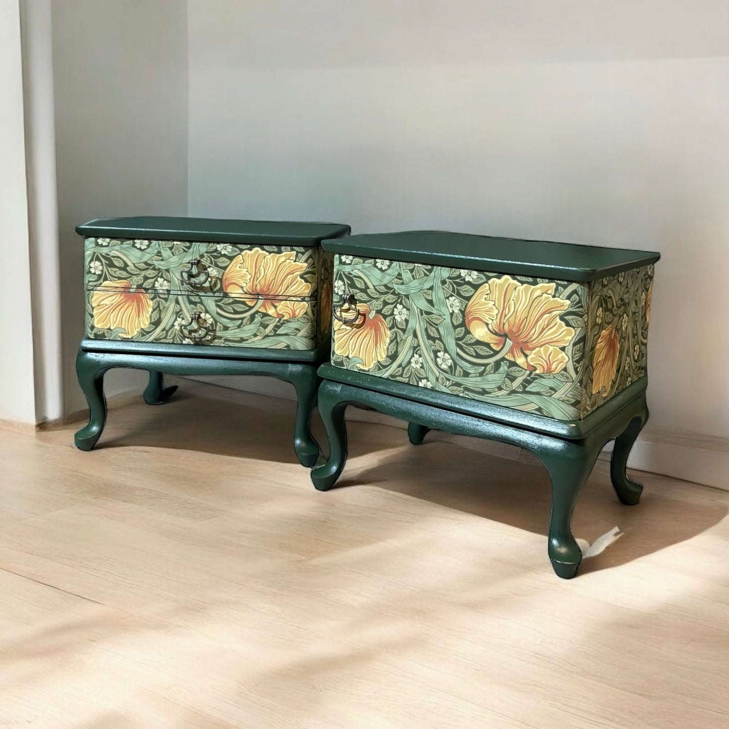 Vintage bedside tables covered with Pimpernel by William Morris | The Vintage Vibe