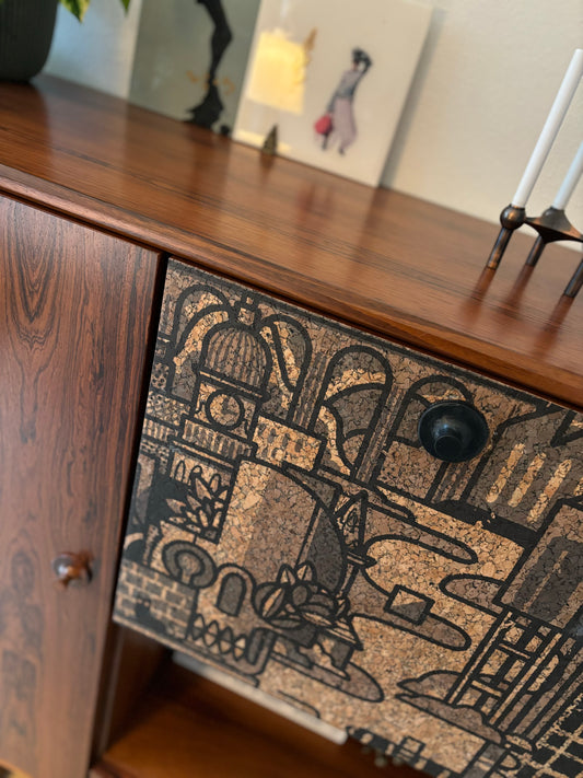 Mid Century Modern Highboard with 'Hit the North' cork print | The Vintage Vibe