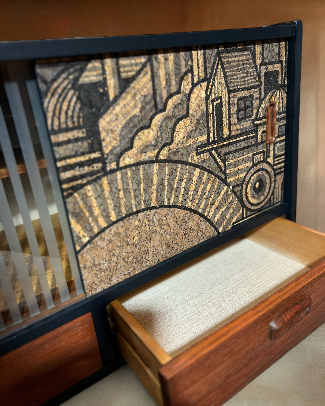 Vintage sideboard with 'Hit the North' cork print | The Vintage Vibe