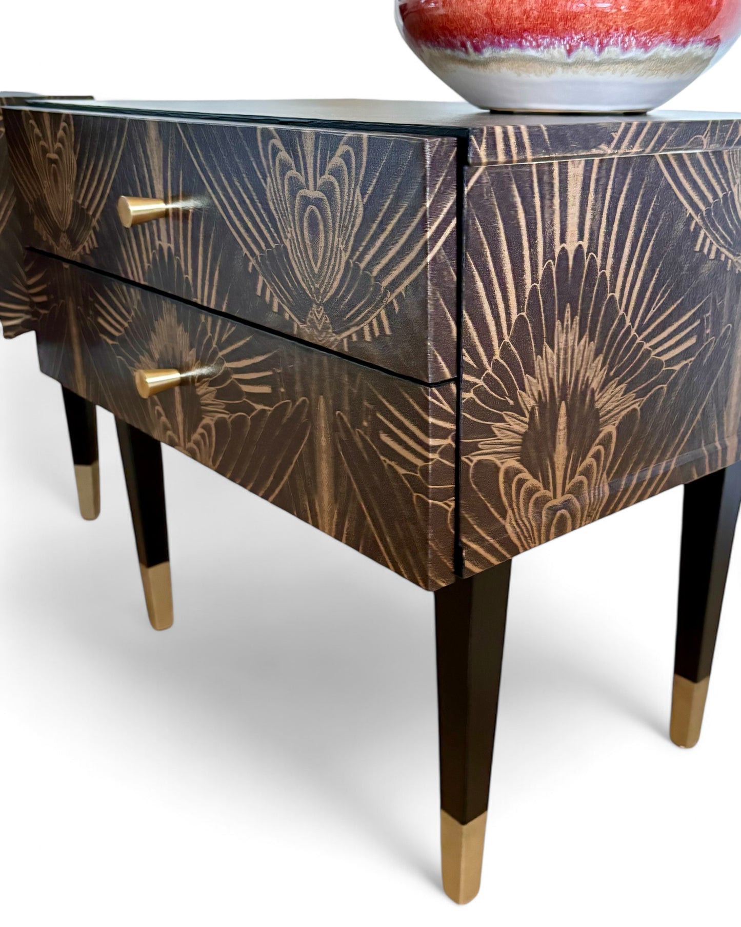 Vintage bedside tables covered with Art Deco print in gold with brown | The Vintage Vibe