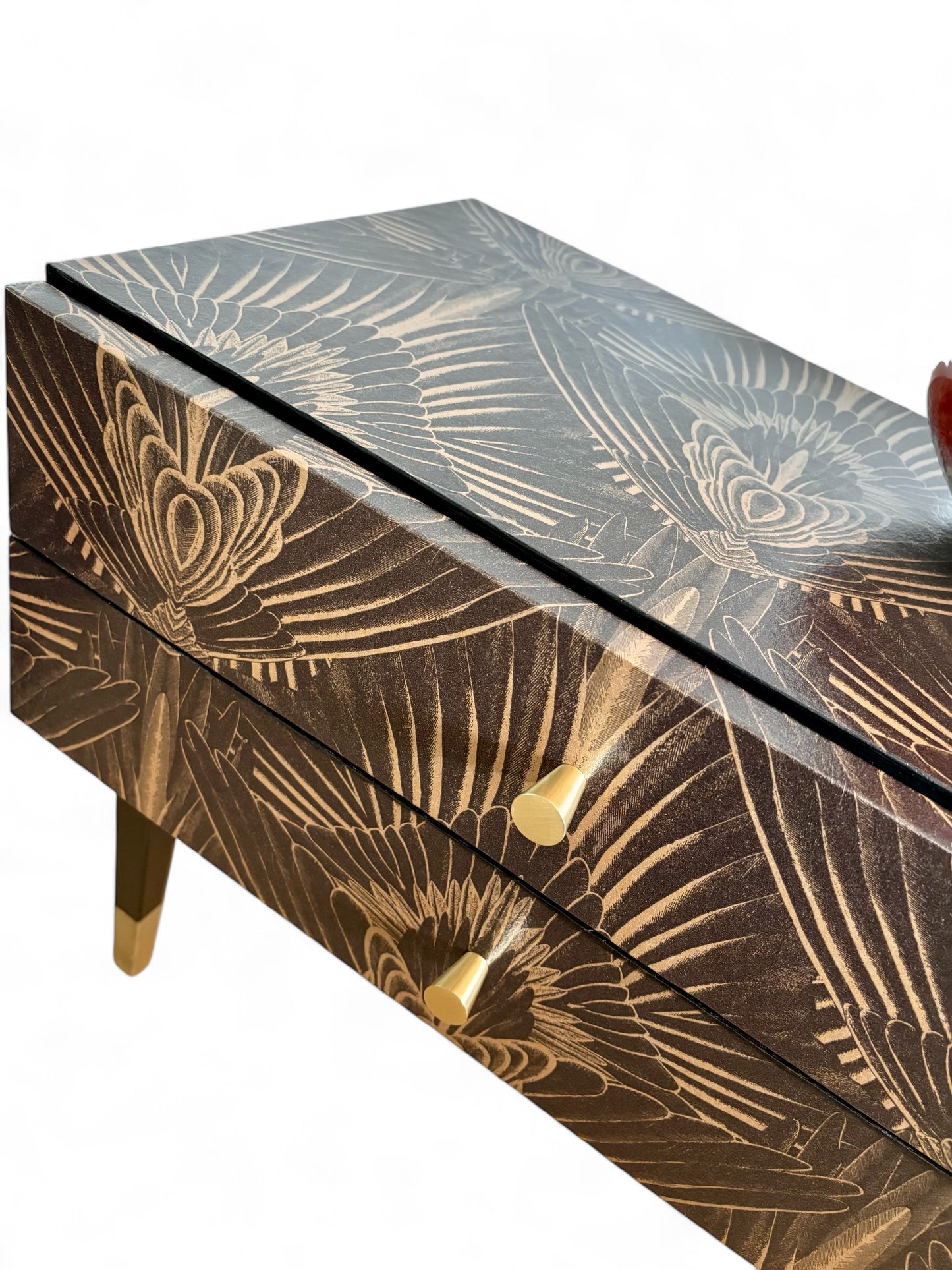Vintage bedside tables covered with Art Deco print in gold with brown | The Vintage Vibe