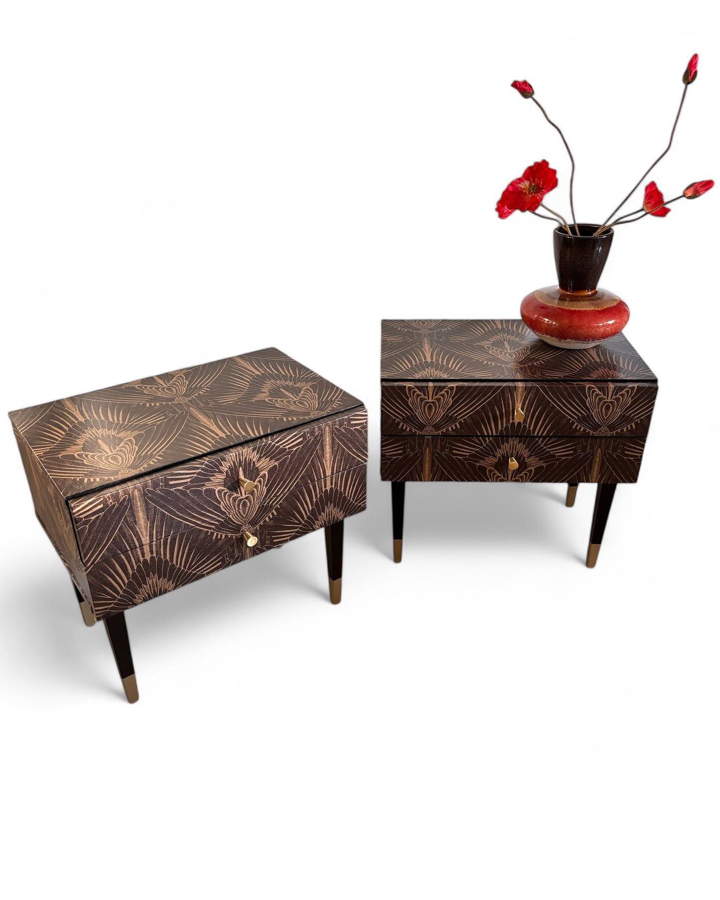 Vintage bedside tables covered with Art Deco print in gold with brown | The Vintage Vibe