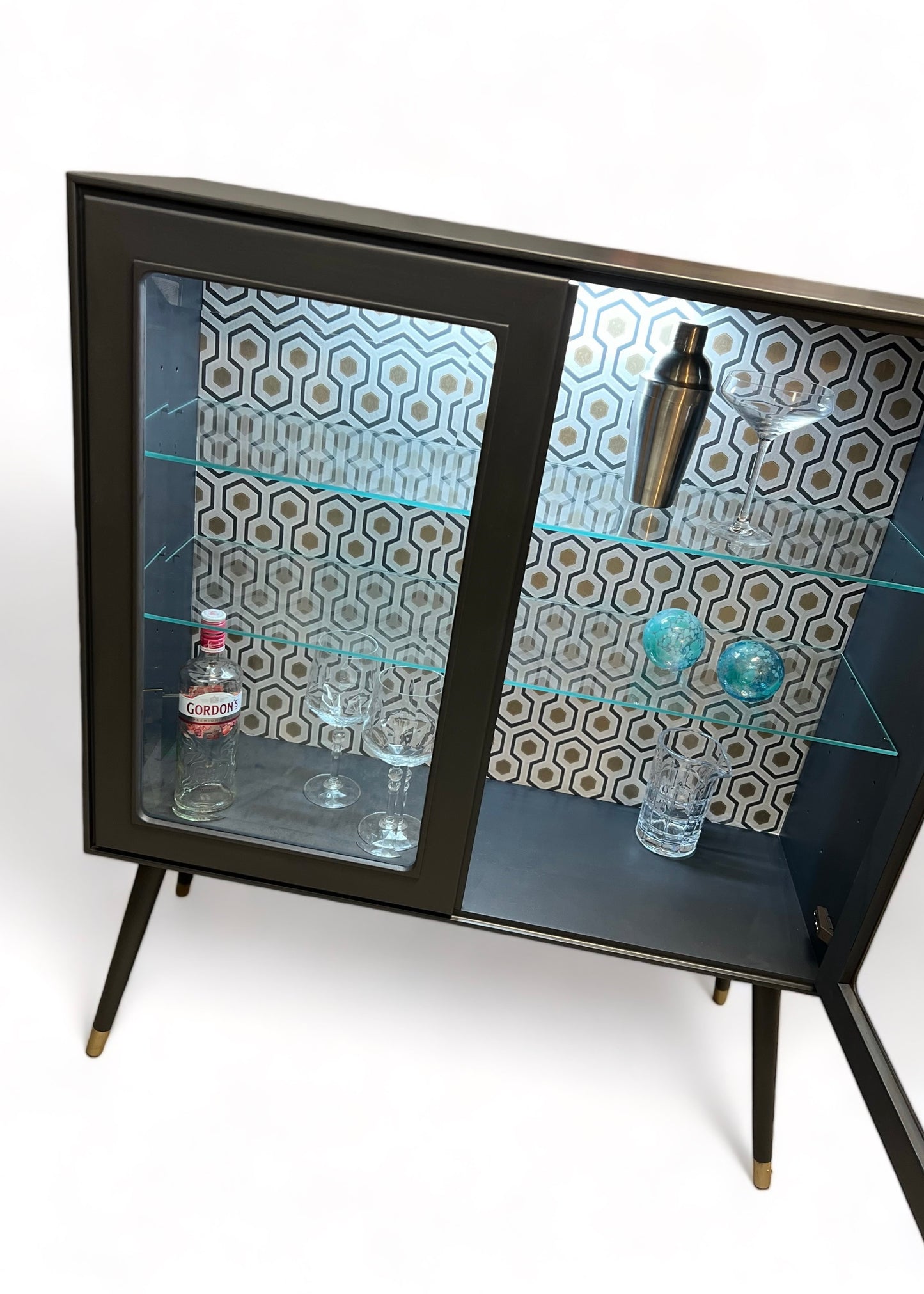 Mid Century Modern display cabinet in grey with gold | The Vintage Vibe