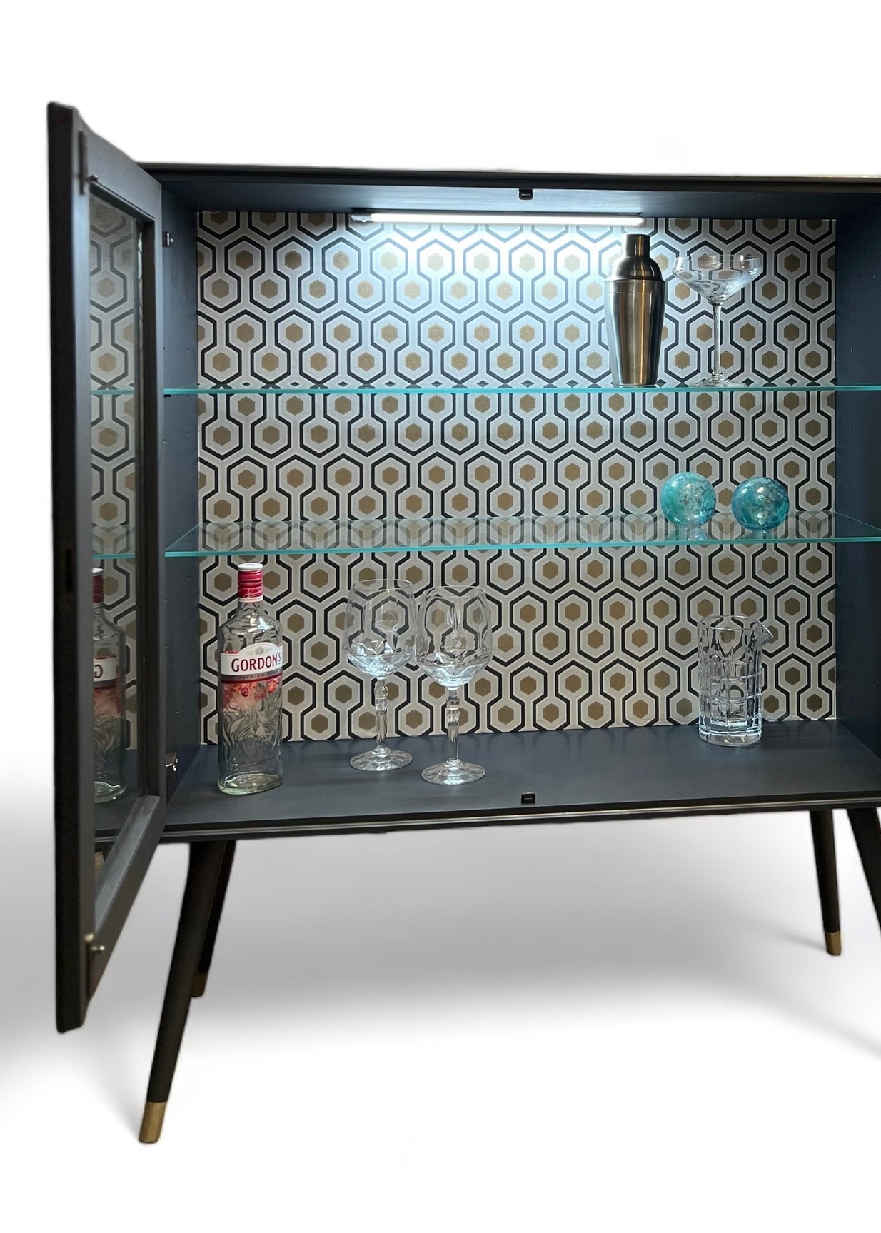 Mid Century Modern display cabinet in grey with gold | The Vintage Vibe