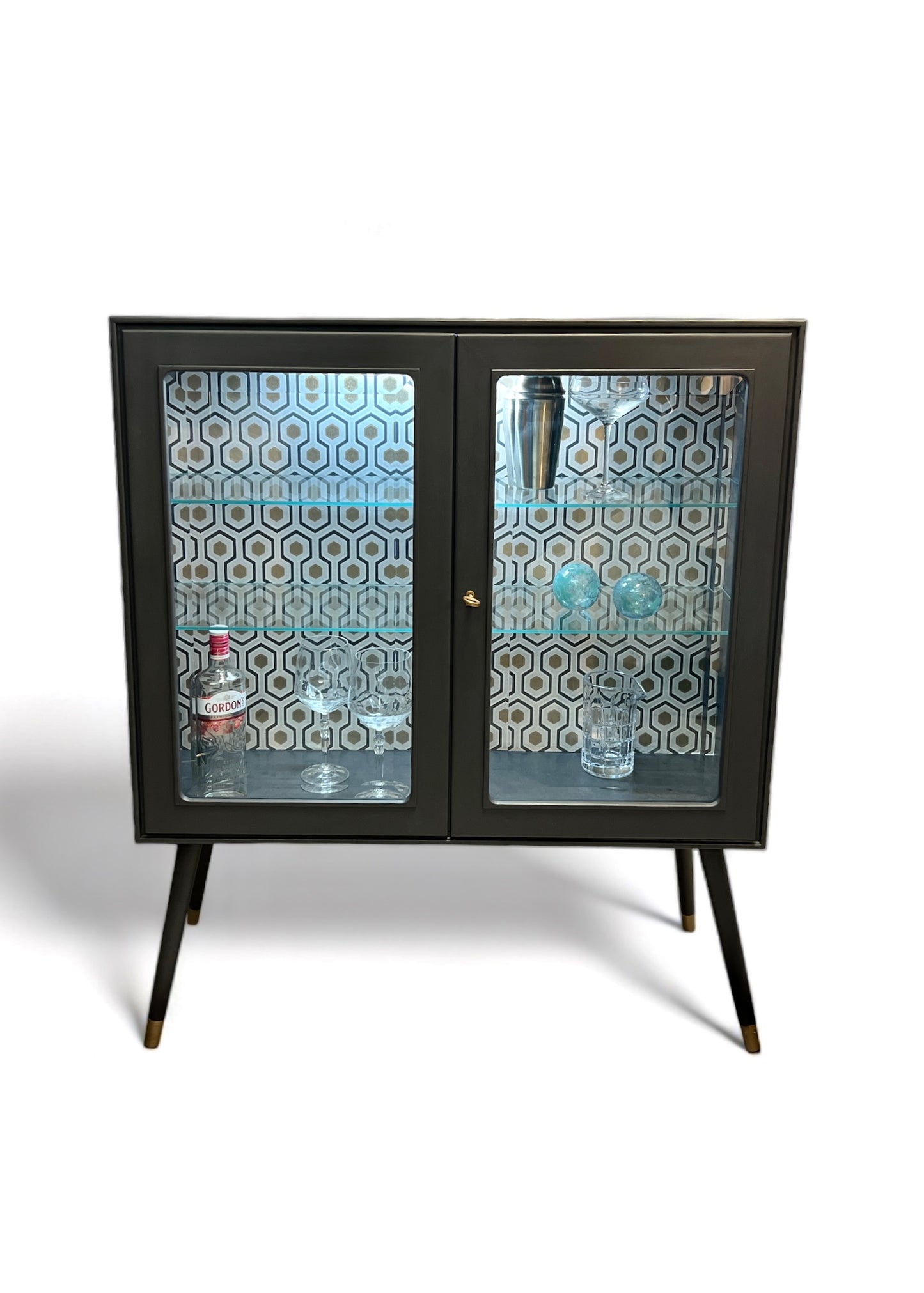 Mid Century Modern display cabinet in grey with gold | The Vintage Vibe