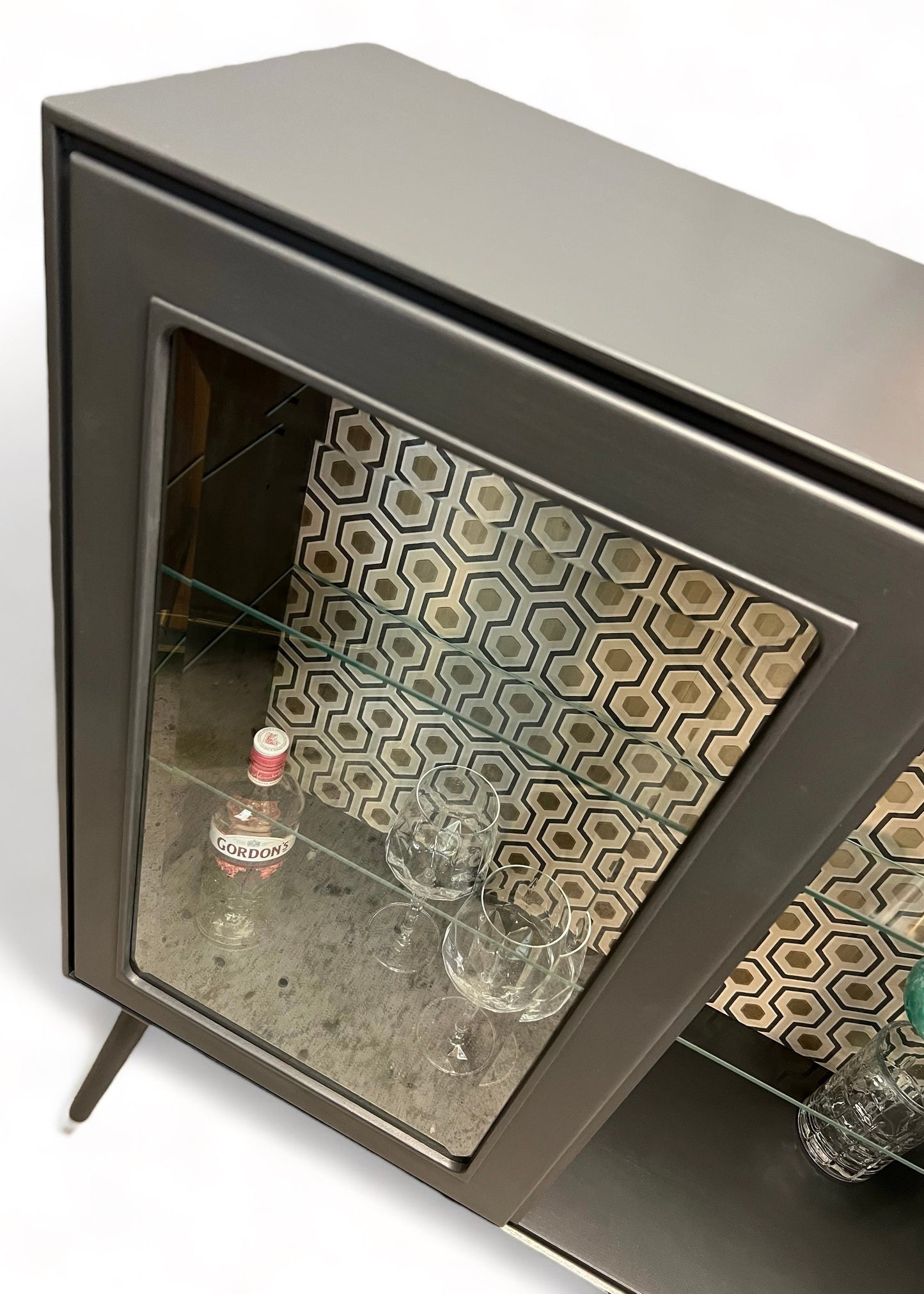Mid Century Modern display cabinet in grey with gold | The Vintage Vibe