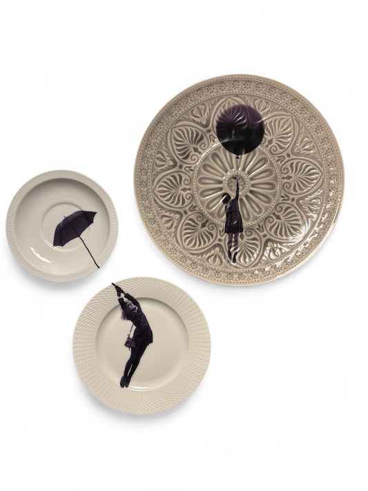 Vintage Wandbord Dame met paraplu