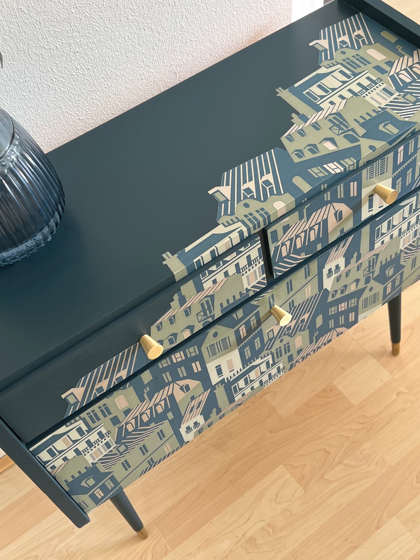 Vintage cabinet in blue, green and gold and a print of the roofs of Paris | The Vintage Vibe