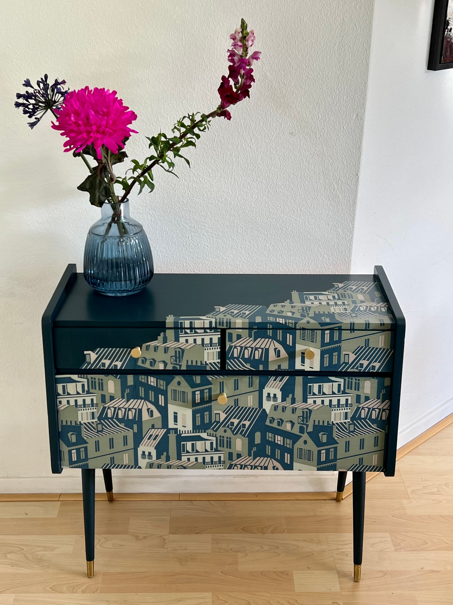 Vintage cabinet in blue, green and gold and a print of the roofs of Paris | The Vintage Vibe