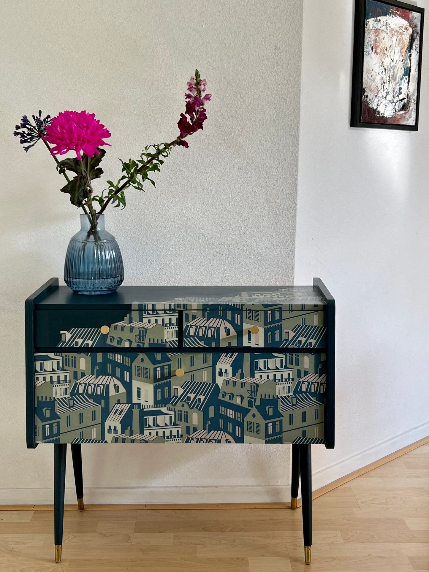 Vintage cabinet in blue, green and gold and a print of the roofs of Paris | The Vintage Vibe