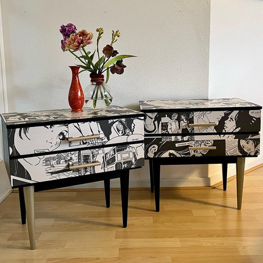 Vintage nachtkastjes in zwart, wit en goud met een gave print | The Vibtage Vibe