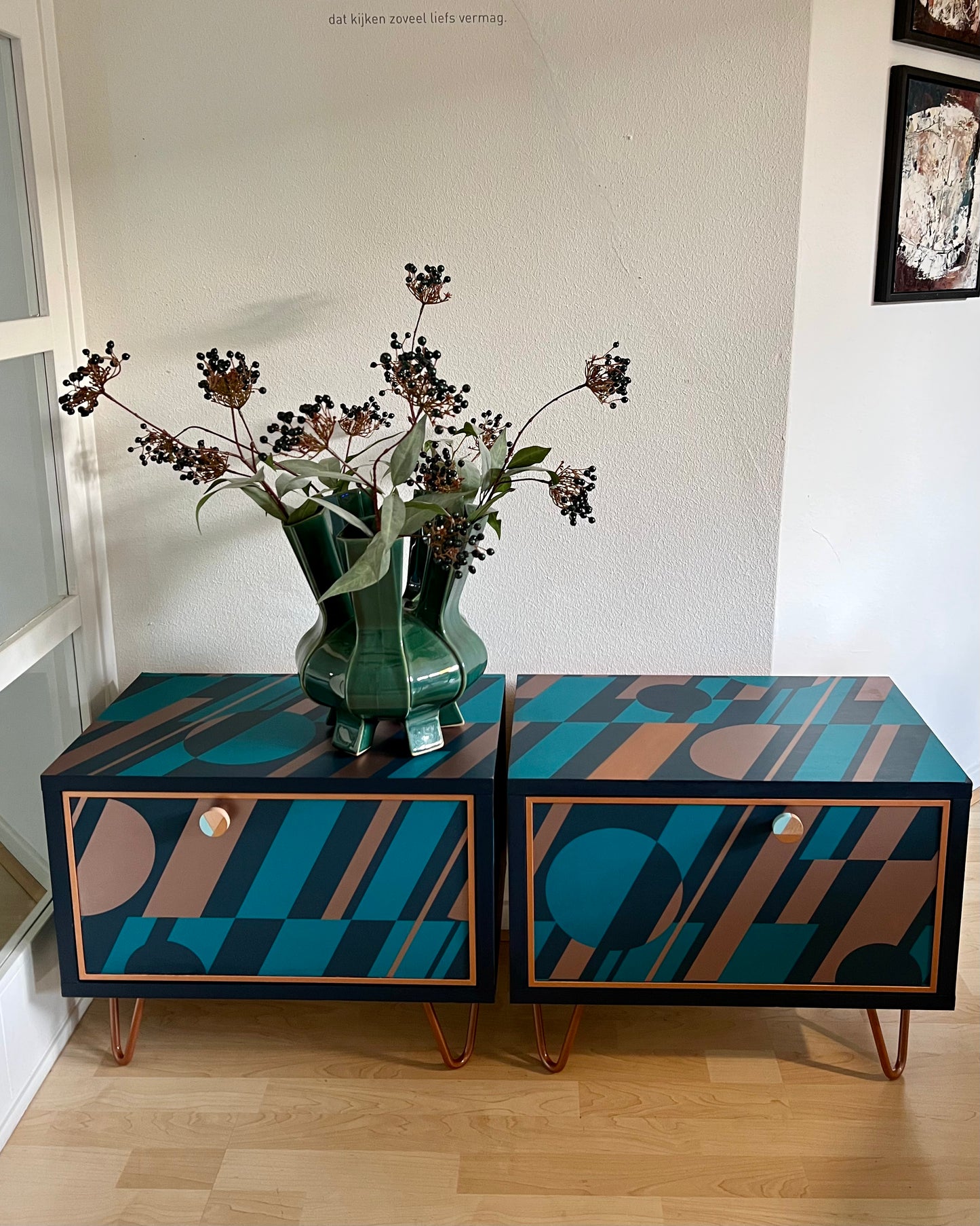 Vintage bedside tables in blue and copper with cool geometric print | The Vintage Vibe