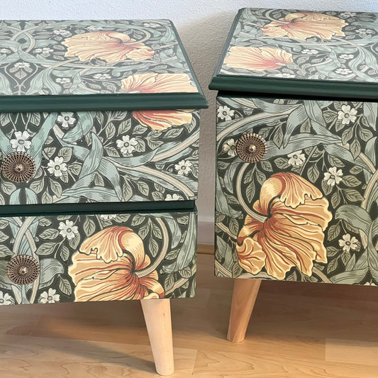 Vintage nachtkastjes bekleed met Pimpernel van William Morris | The Vintage Vibe