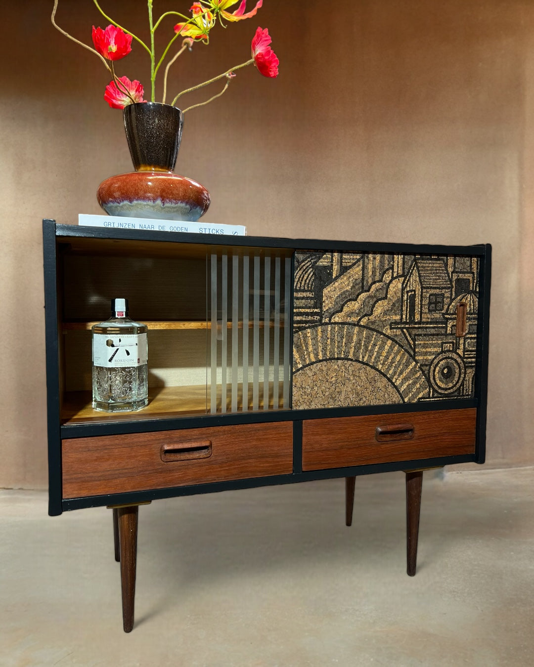 Vintage sideboard with 'Hit the North' cork print | The Vintage Vibe