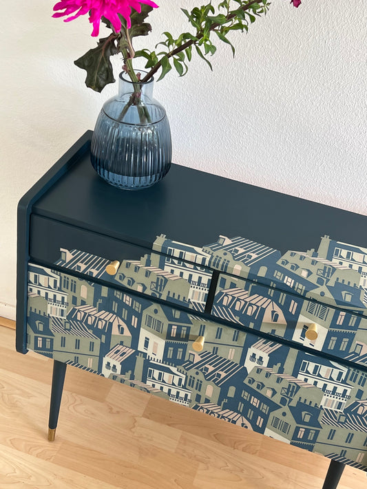 Vintage cabinet in blue, green and gold and a print of the roofs of Paris | The Vintage Vibe