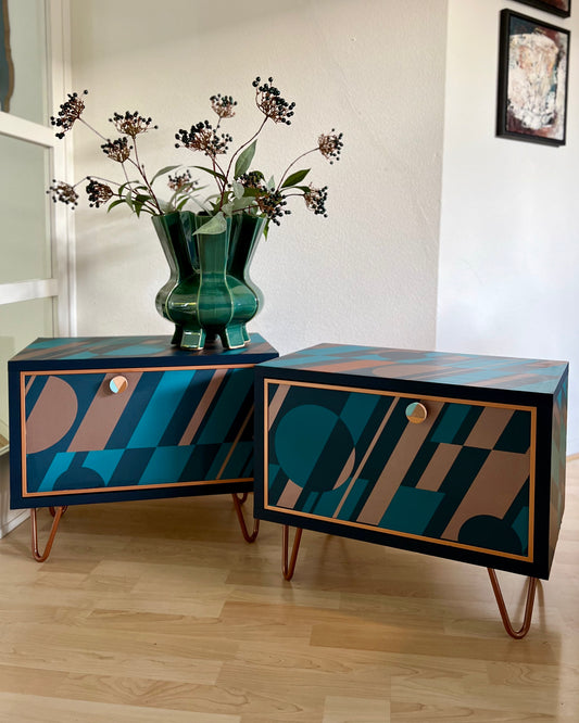 Vintage bedside tables in blue and copper with cool geometric print | The Vintage Vibe